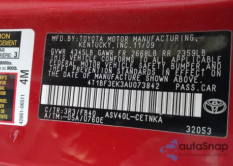 2010 Toyota Camry Le z USA, uszkodzony, nr VIN 4T1BF3EK3AU073842